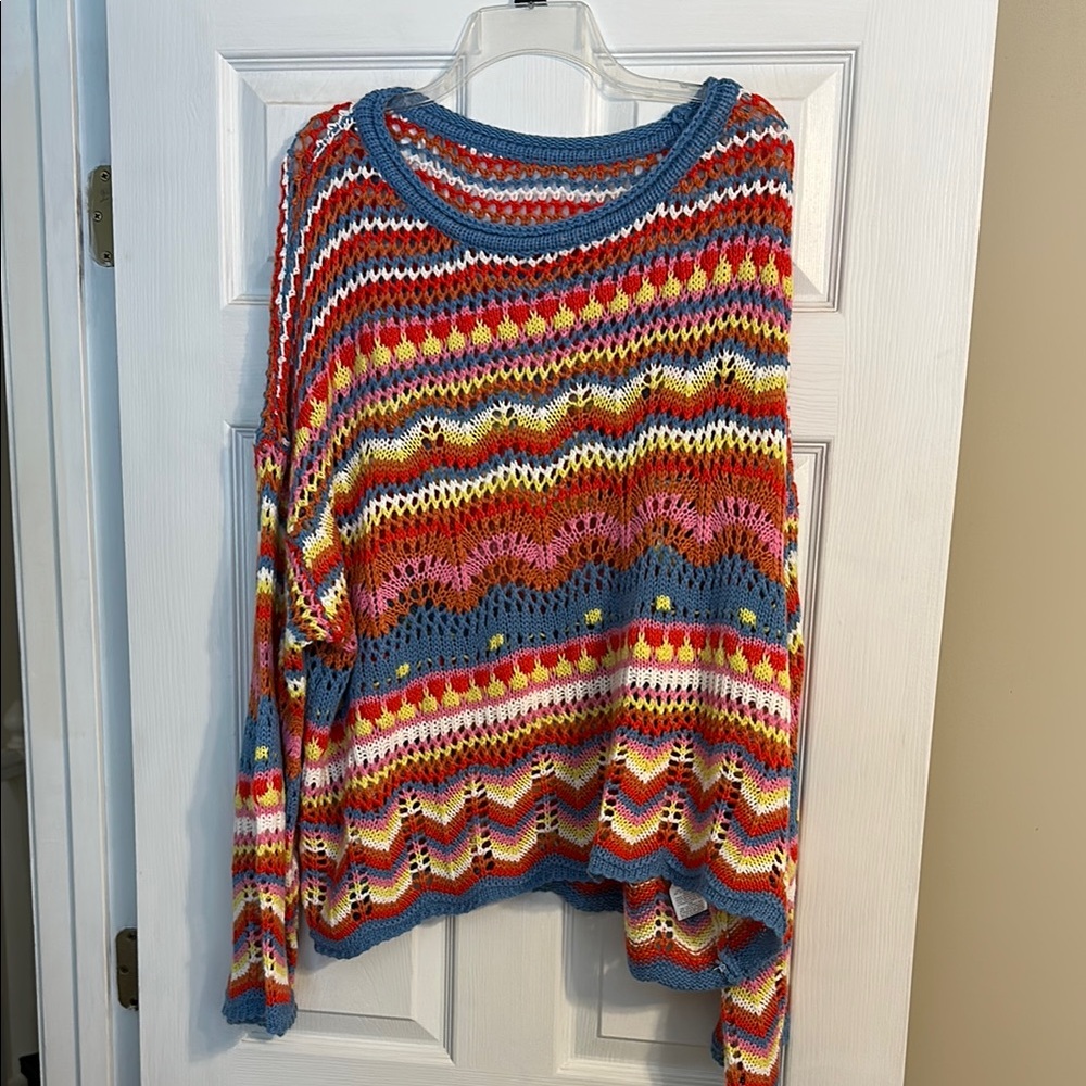 SHEIN Blue and Red Crew Neck Sweater with Vibrant Patterns
